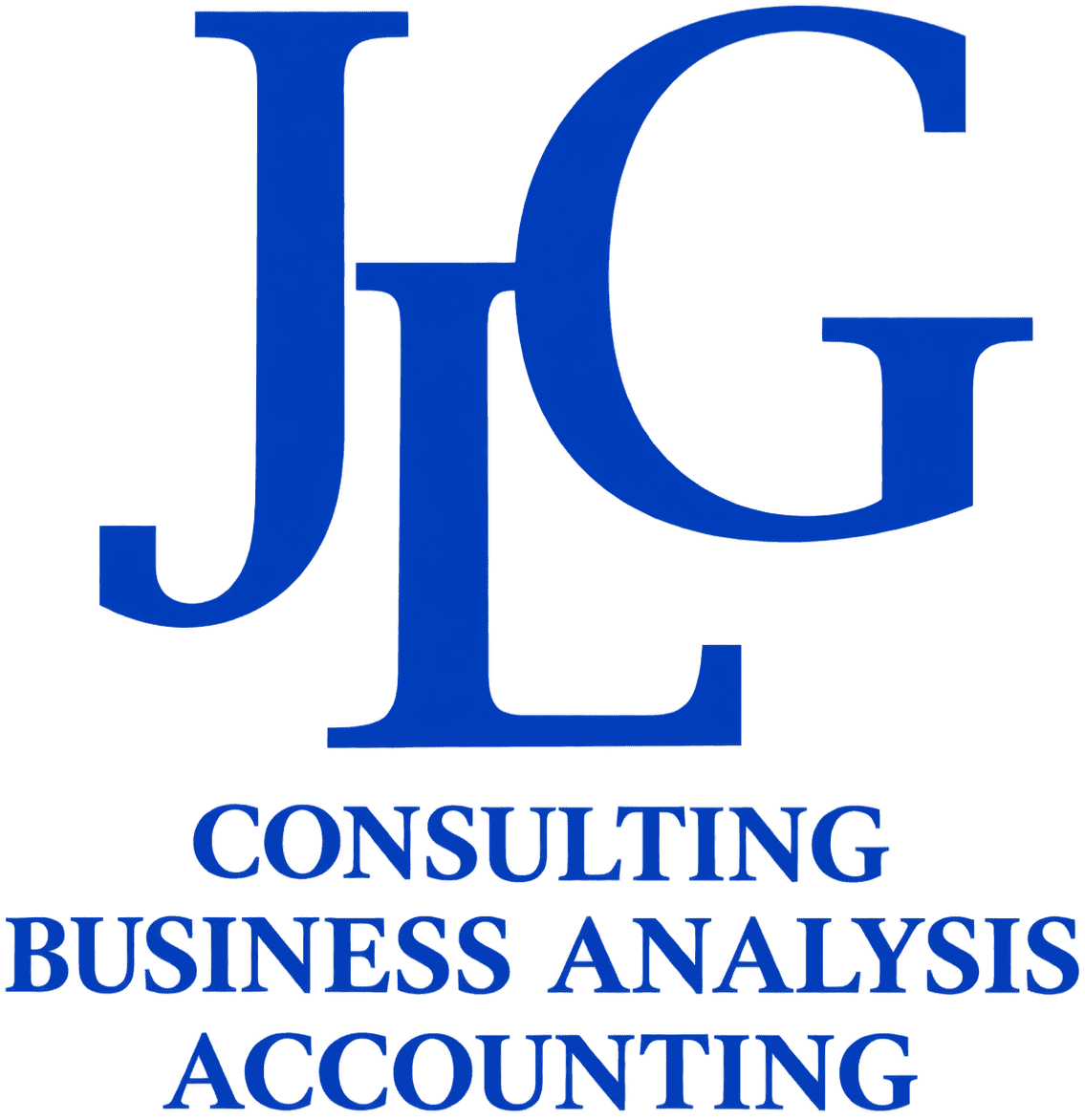 JLG Blue Logo Blue “JLG” letters above the words “Consulting Business Analysis Accounting” in blue, on a light gray background.
